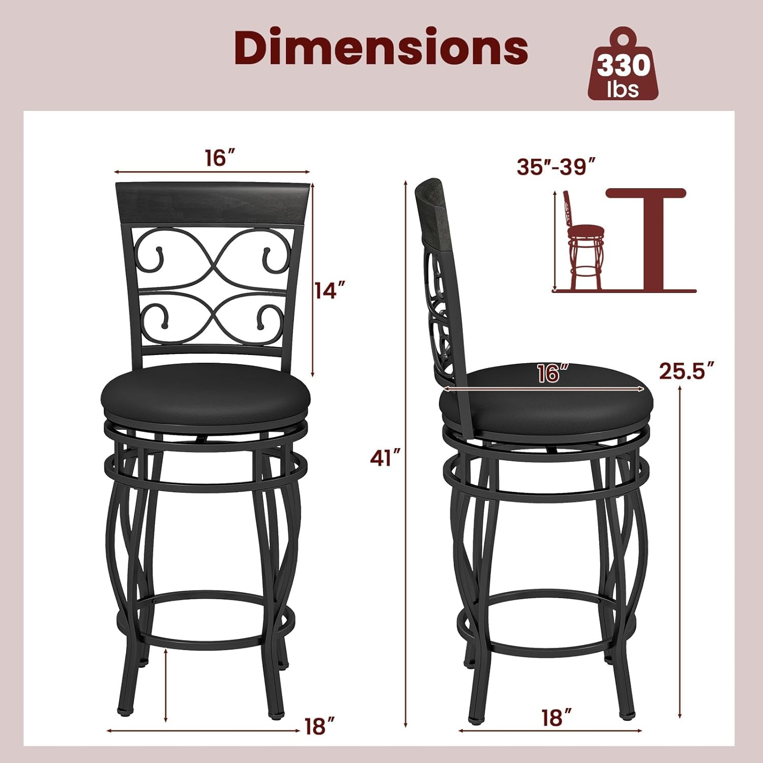 26" Swivel Bar Stools Set of 2, Counter Height Bar Stools with Back, Upholstered PU Leather Seat, Footrest, Max Load 330Lbs, Vintage Metal Barstools for Kitchen Island, Dining Room, Pub, Black-2