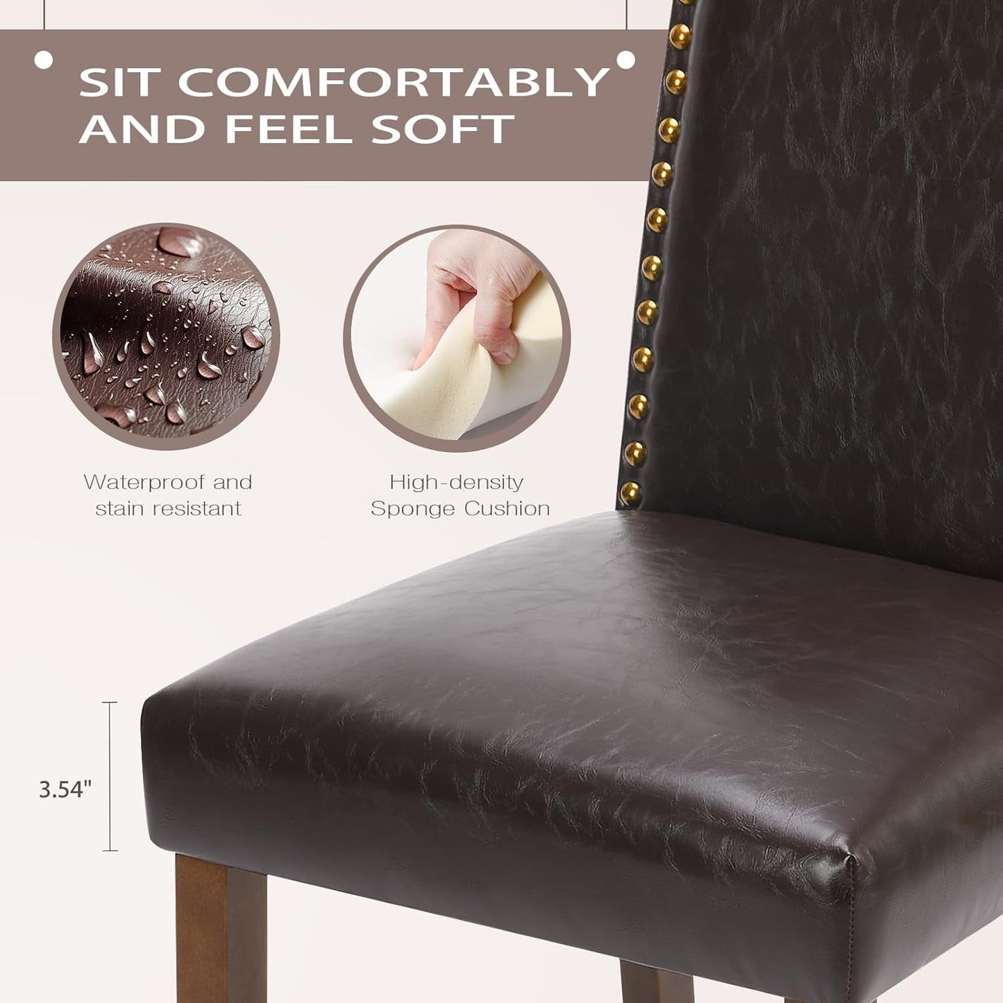 Upholstered Dining Chairs Set of 6, Modern Upholstered Leather Dining Room Chair with Nailhead Trim and Wood Legs, Mid-Century Accent Dinner Chair for Living Room, Kitchen, Dark Brown-3