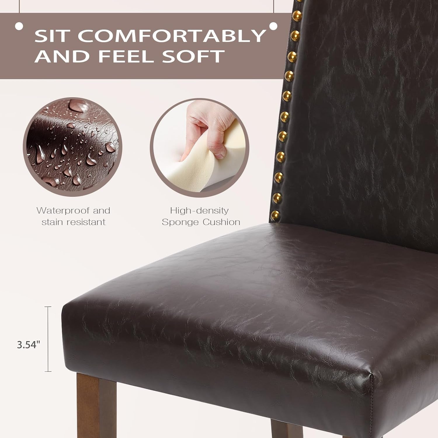 Upholstered Dining Chairs Set of 6, Modern Upholstered Leather Dining Room Chair with Nailhead Trim and Wood Legs, Mid-Century Accent Dinner Chair for Living Room, Kitchen, Dark Brown-3