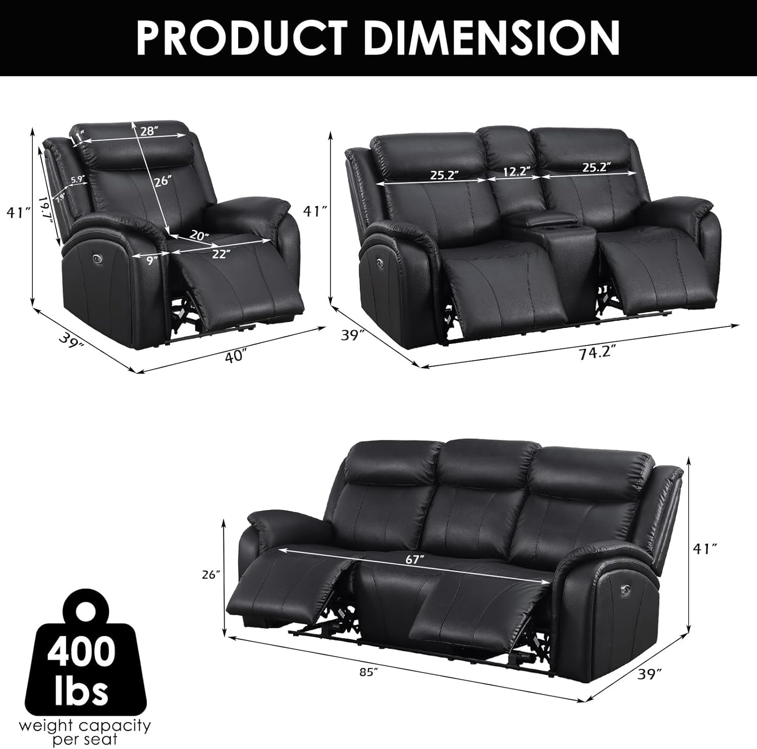 Power Recliner Sofa Set, 3 Piece Reclining Sofa for Living Room, PU Leather Home Theater Seating Recliner Couch Set with Storage and Cup Holders (Black)-1