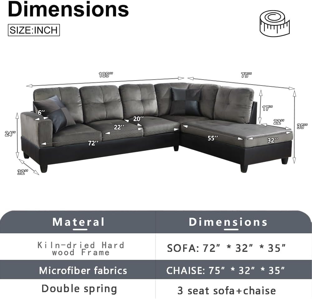 2 Pieces Sectional Sofa Sets, L-Shape Sofa Microfiber Couch Living Room Sofa Set with Chaise Using for Living Room Furniture(A-Taupe, Right Hand Facing)-1