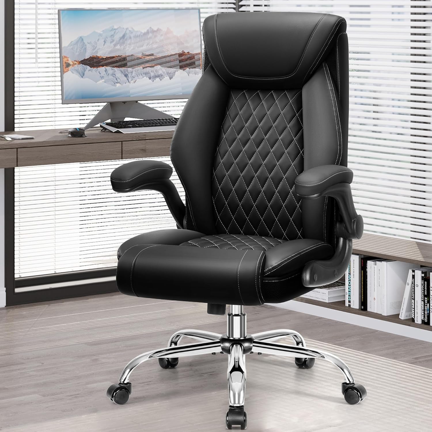 Office Chair, Ergonomic High Back Home Office Desk Chair, Big and Tall Breathable Leather Office Chair with Lumbar Support Flip-Up Armrests, Computer Chair with Rocking Function-0