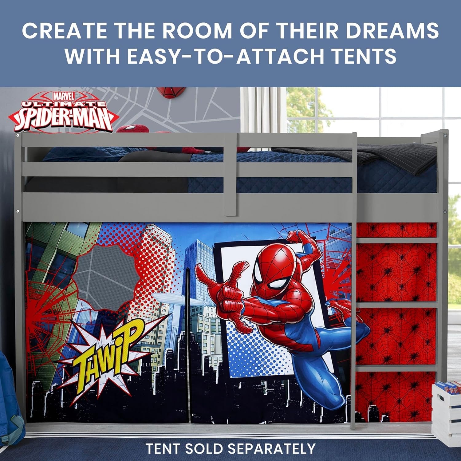 Twin Loft Bed with Guardrail and Ladder (Coordinates with Batman, Spider-Man & Harry Potter Tents Sold Separately), Grey-4