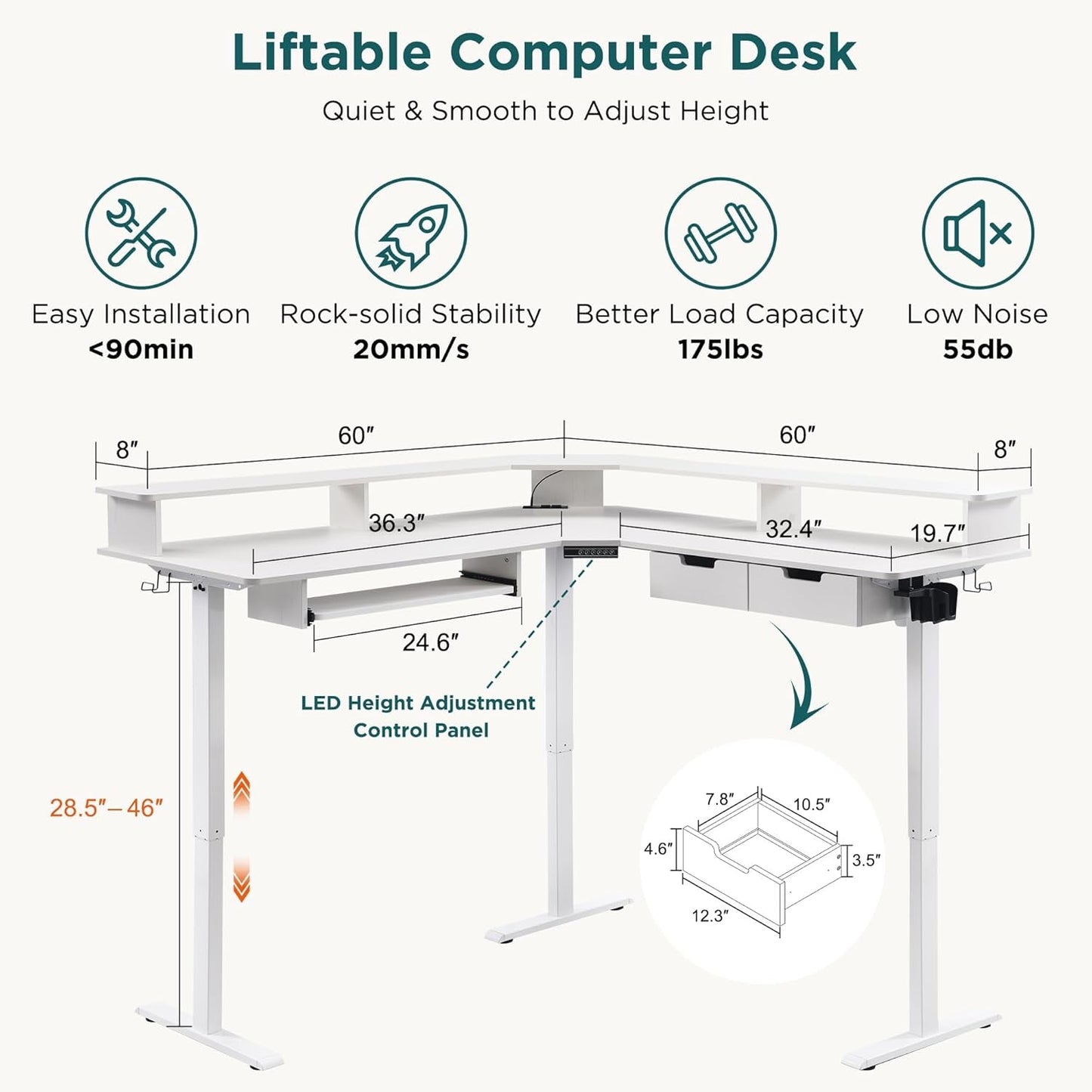 60 Inches L Shaped Electric Standing Desk, Height Adjustable Corner Gaming Desk with Drawers, Keyboard Tray, Power Outlets & LED Lights, Computer Desk with Monitor Shelf, Antique White-1