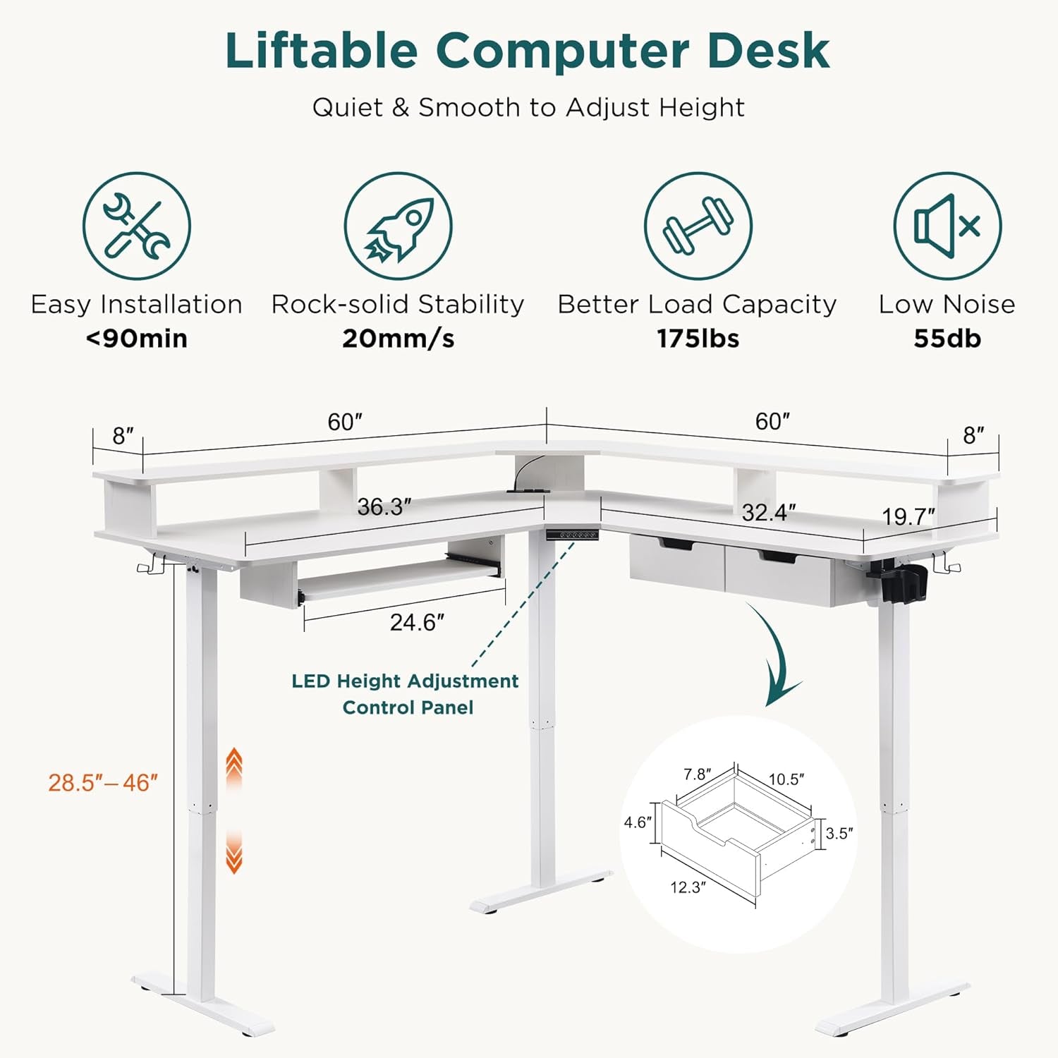 60 Inches L Shaped Electric Standing Desk, Height Adjustable Corner Gaming Desk with Drawers, Keyboard Tray, Power Outlets & LED Lights, Computer Desk with Monitor Shelf, Antique White-1