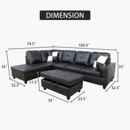 Ponliving Furniture Modern L-Shaped Leather Sectional Sofa Left Hand Facing (Black)-1
