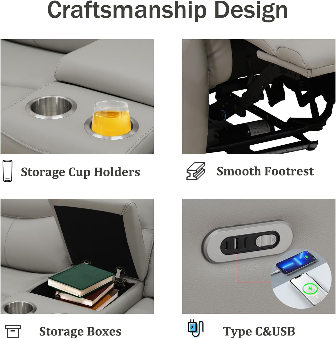 LED Power Recliner Sofa for Living Room Furniture Set, Leather Sectional Couches, Reclining Sofa with USB Port/Storage Console/Cup Holders (A-Light Grey 3-Piece Set)-2