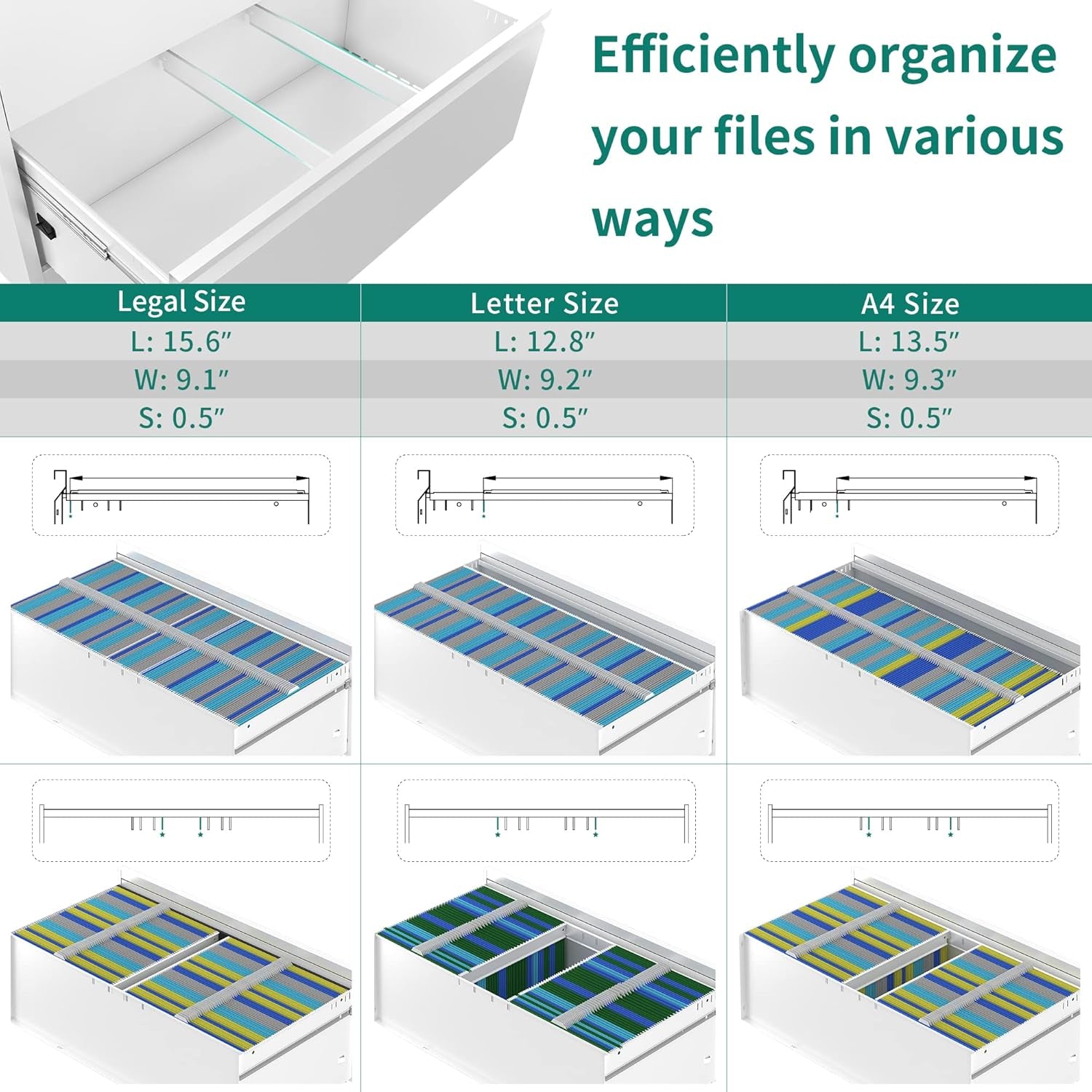 3 Drawer Lateral File Cabinet with Lock, Metal Stainless Steel Wide Lateral Filing Cabinet for Legal/Letter A4 Size, Office Organizer Storage Cabinet,White-4