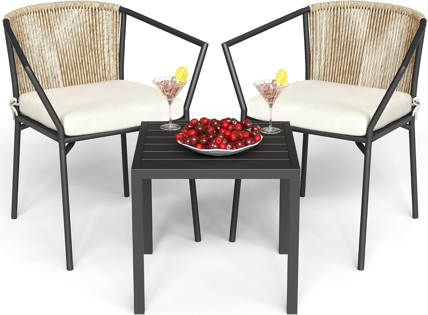 Wicker 3-Piece Outdoor Bistro Set, All-Weather Patio Conversation Set with Stackable Chairs & Table, Outdoor Sectional Furniture Set for Balcony, Backyard, Pool, Porch, Deck - Beige-0