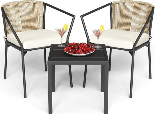 Wicker 3-Piece Outdoor Bistro Set, All-Weather Patio Conversation Set with Stackable Chairs & Table, Outdoor Sectional Furniture Set for Balcony, Backyard, Pool, Porch, Deck - Beige-0