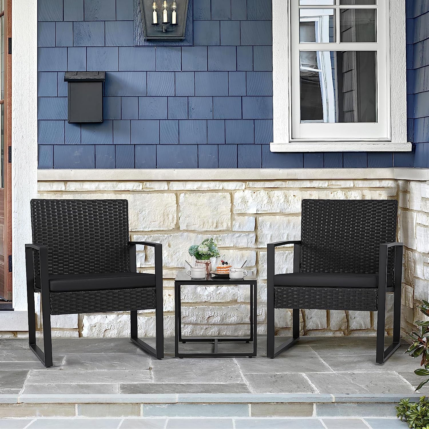 Black 3 Piece Wicker Patio Conversation Set-1