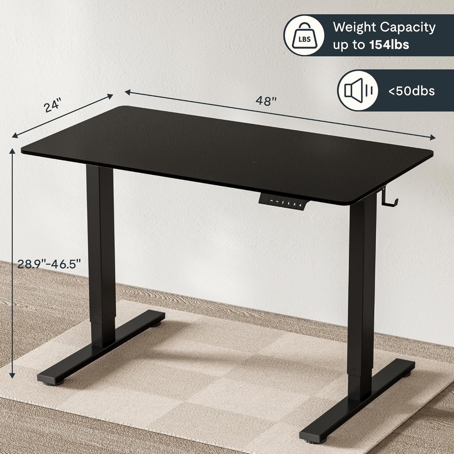 EN1 Whole-Piece Standing Desk 48 X 24 Inches Electric Height Adjustable Desk Sit Stand Desk Home Office Desks (Black Frame + Black Table Top)-1