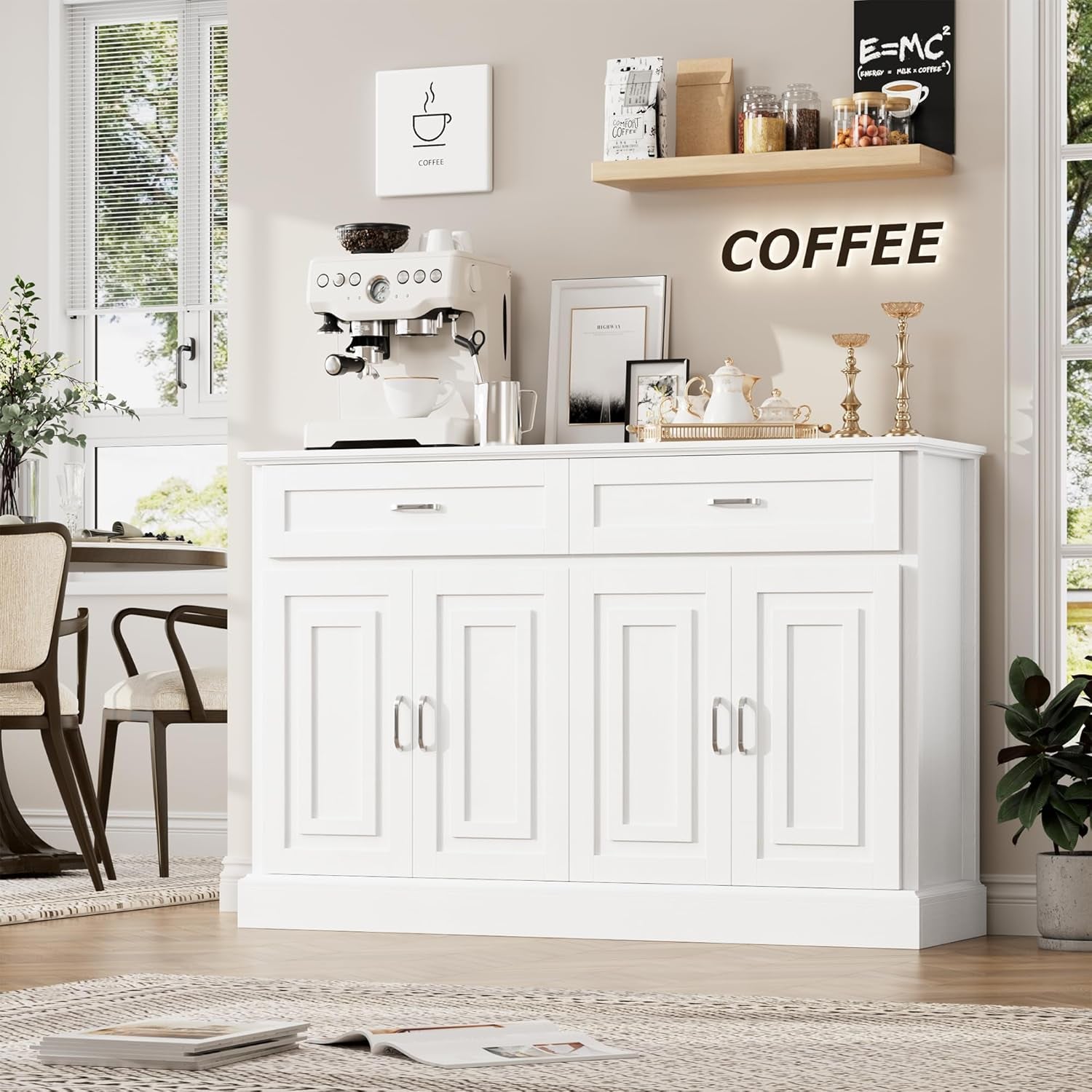 Black 55" Farmhouse Buffet Cabinet with Storage Drawers.-1