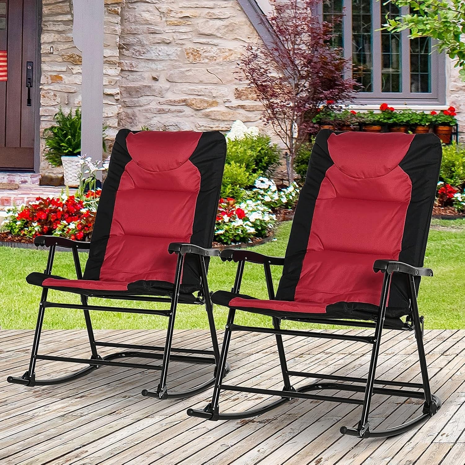 2 Piece Outdoor Patio Furniture Set with 2 Folding Padded Rocking Chairs, Bistro Style for Porch, Camping, Balcony, Red-1