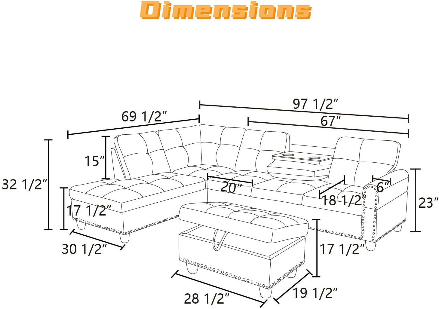 L Shaped Sectional Couch with Otttoman, 97" Sectional Sofa for Living Room Flannel Modular Couches with Cup Holders for Bedroom, Apartments, Black Grey-1
