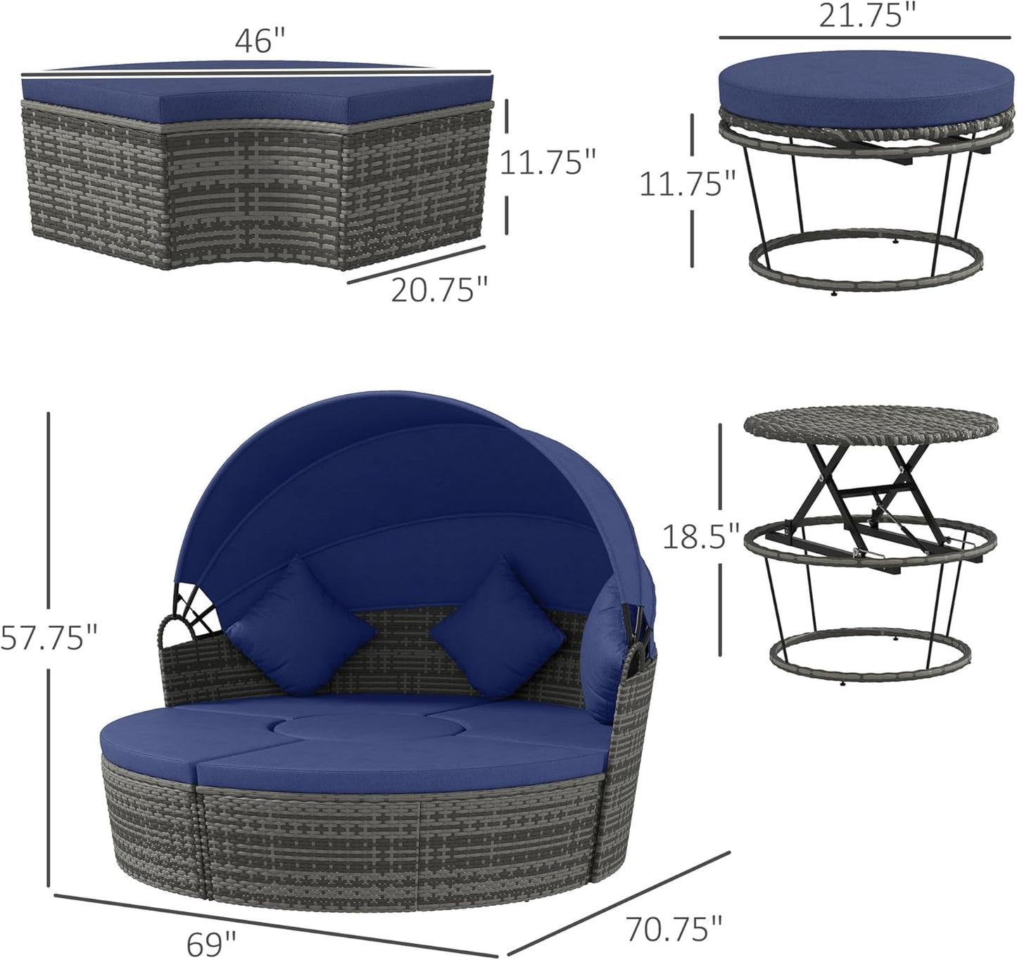 4 Piece round Rattan Daybed, Convertible Patio Furniture Set, Adjustable Sun Canopy, Sectional Outdoor Sofa, 2 Chairs, Extending Tea Table Ottoman Chair, 3 Pillows, Dark Blue-4
