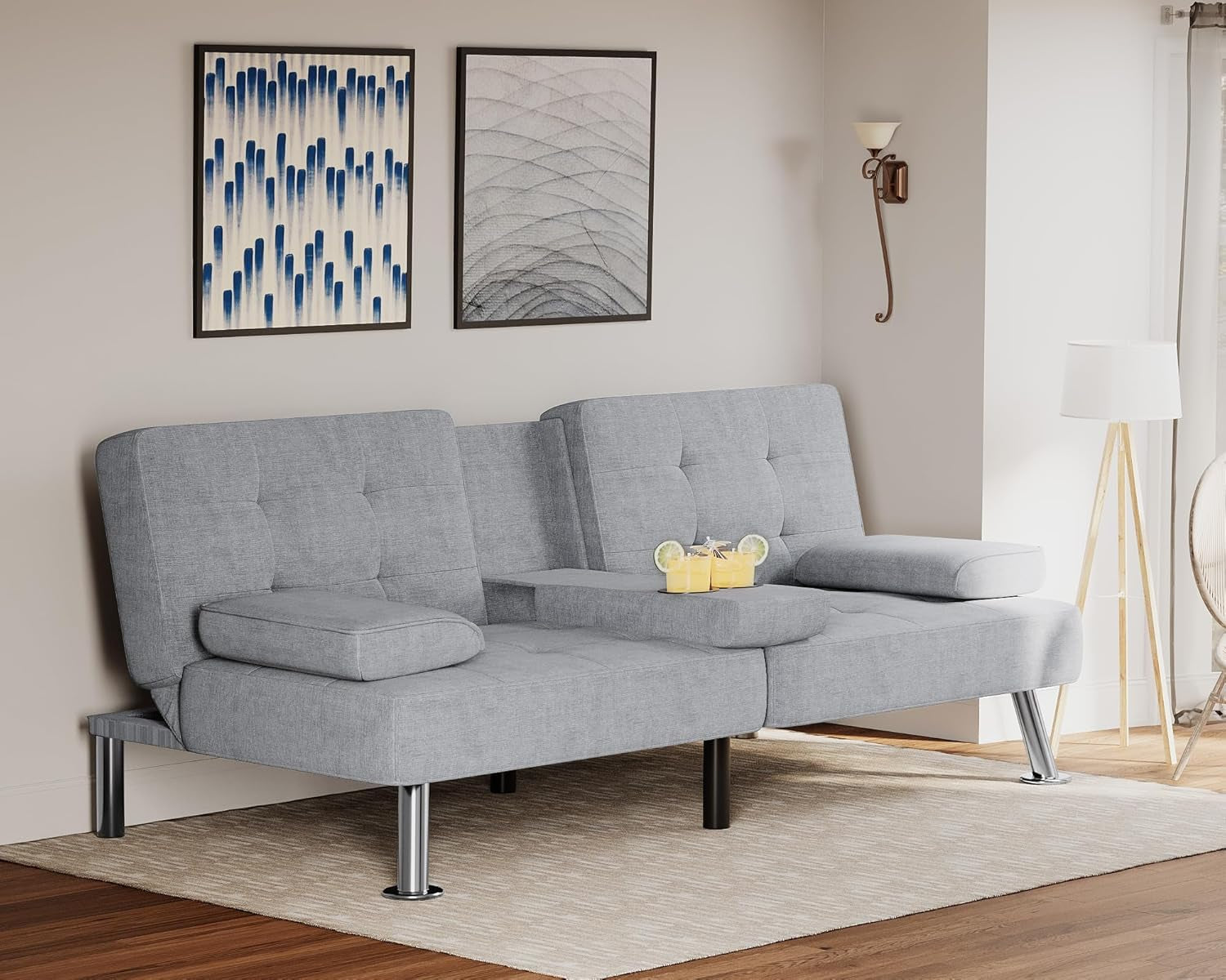 Futon Sofa Bed Modern Folding Futon Set Linen Fabric Convertible Recliner Lounge for Living Room with 2 Cup Holders, Removable Armrests (Fabric, Light Grey)-1