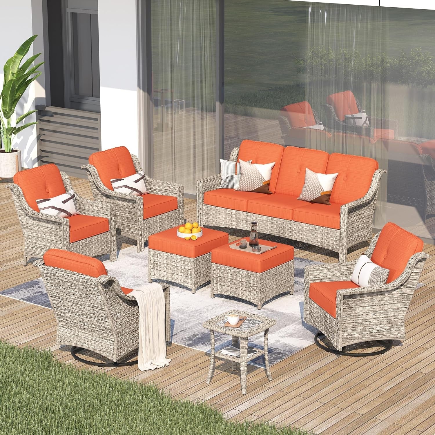 Outdoor 8 Piece Patio Furniture with Cozy Comfortable Swivel Chair,Rattan Wicker Coversation Couch Set with 3 Seater Sofa,Sectional Set for outside Patio Balcony Backyard Pool,Orange-0