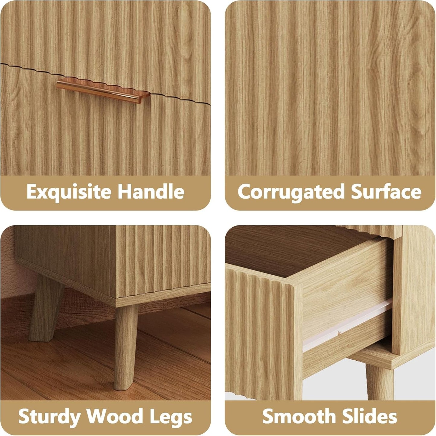 Fluted 3 Drawer Dressers, Modern Closet Dressers Chest of Drawers, Wood Storage Dresser Chest of Drawers Organizer for Bedroom Living Room Hallway Closet(Natural)-2