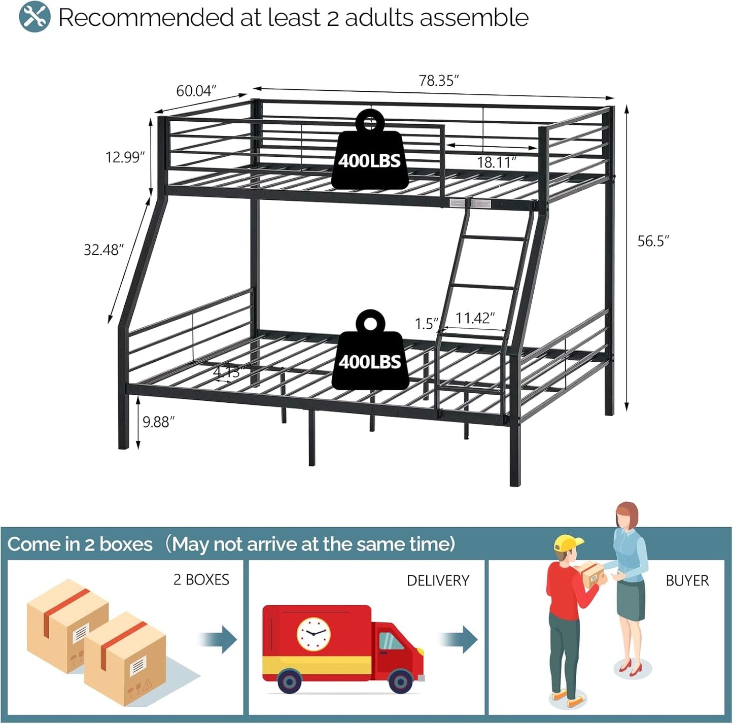 Bunk Beds Twin over Full Size for Kids Teens Adults/Flat Steps/Heavy Duty Metal Slat, Black-1