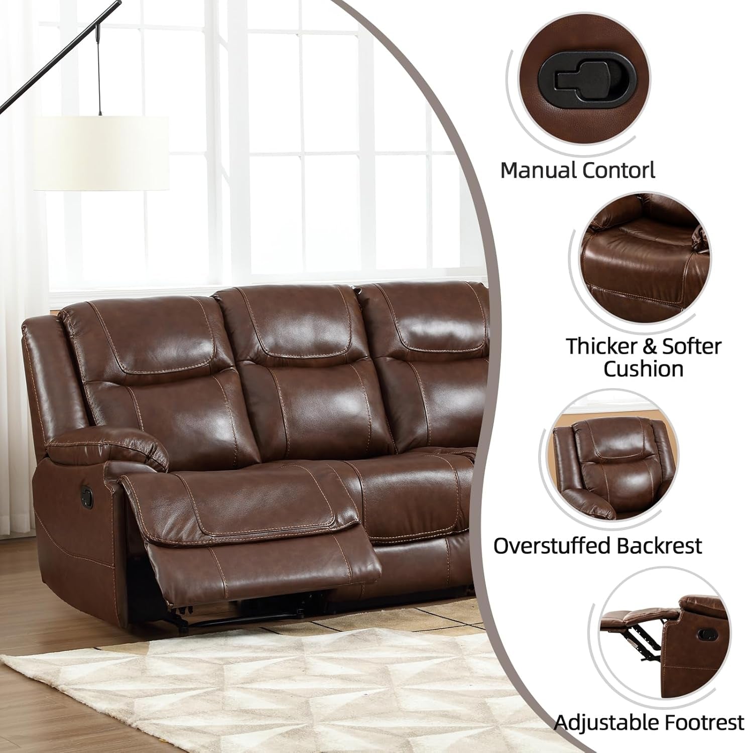 Genuine Leather Manual Recliner Sofa Set, Recliner Chair, Loveseat Reclining Sofa and 3 Seat Recliner Sofa, Couch Furniture Set for Living Room, Meeting Room, Brown(Recliner+Loveseat+Sofa)-2