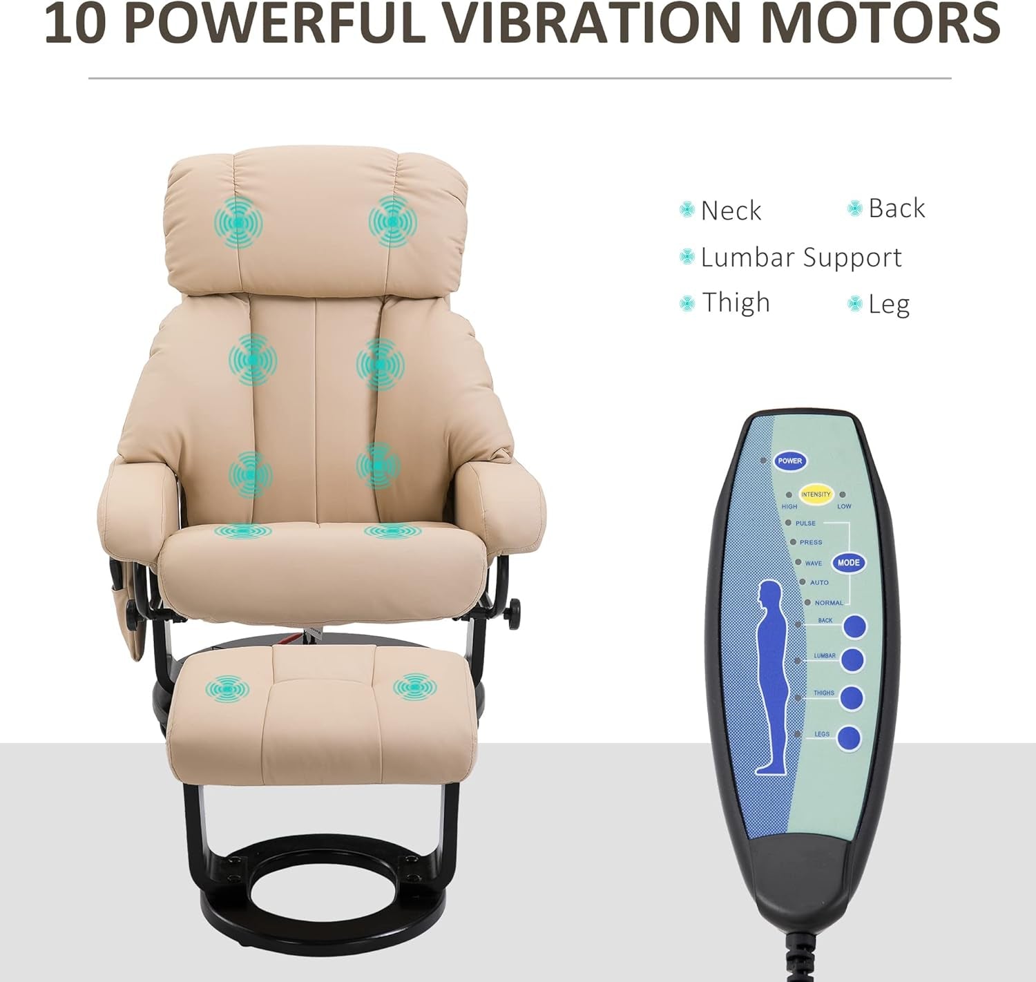 Massage Recliner Chair with Ottoman, 360° Swivel Recliner and Footstool, 10 Point Vibration, PU Leather Reclining Chair with Side Pocket and Remote Control, Beige-3
