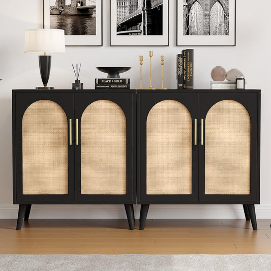 Rattan Storage Cabinet with Doors, Accent Bathroom Floor Cabinet, Modern Sideboard Buffet Cabinet for Living Room, Entryway, Dining Room and Kitchen, Black and Natural BMGZ108BM-1
