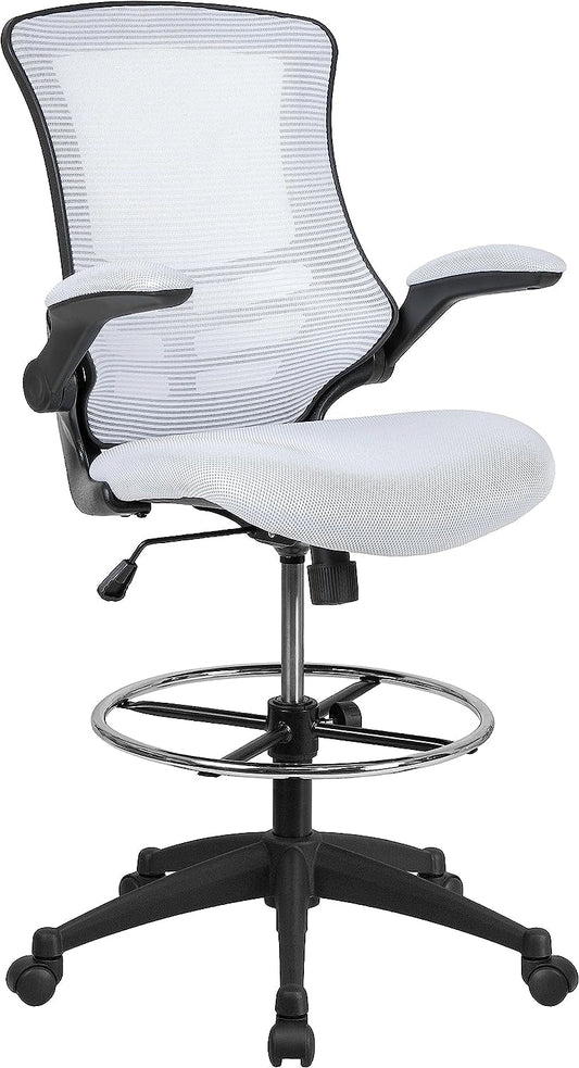 Kelista Mid-Back White Mesh Ergonomic Drafting Chair | Adjustable Foot Ring, Flip-Up Arms | Comfort and Productivity-0