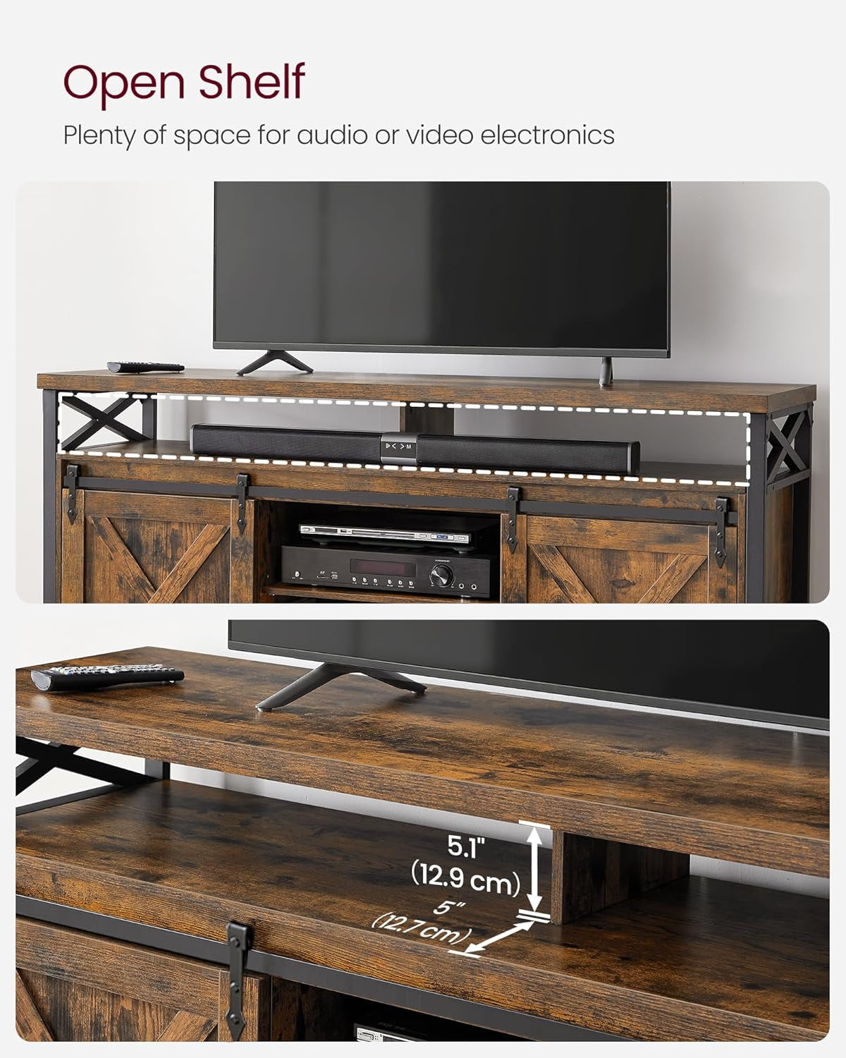 TV Stand for 65 Inch TV, Entertainment Center, TV Table and Console, TV Cabinet with Adjustable Shelves, Industrial Design, Rustic Brown and Black ULTV071B01-3