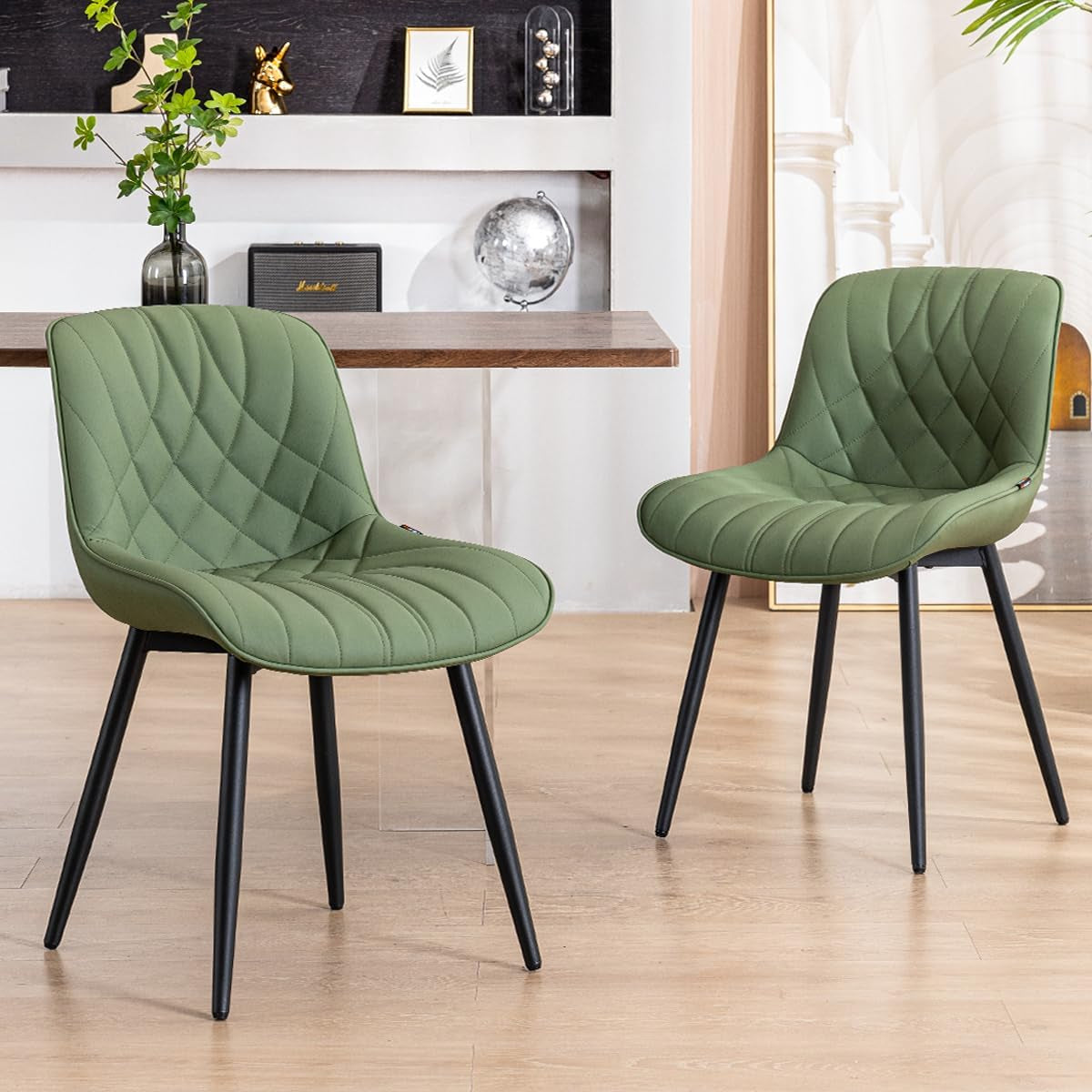 Dining Chairs Set of 2 Mid Century Modern Kitchen Chair Comfortable Upholstered Faux Leather Dinner Chairs for Kitchen Dining Room, Olive-0
