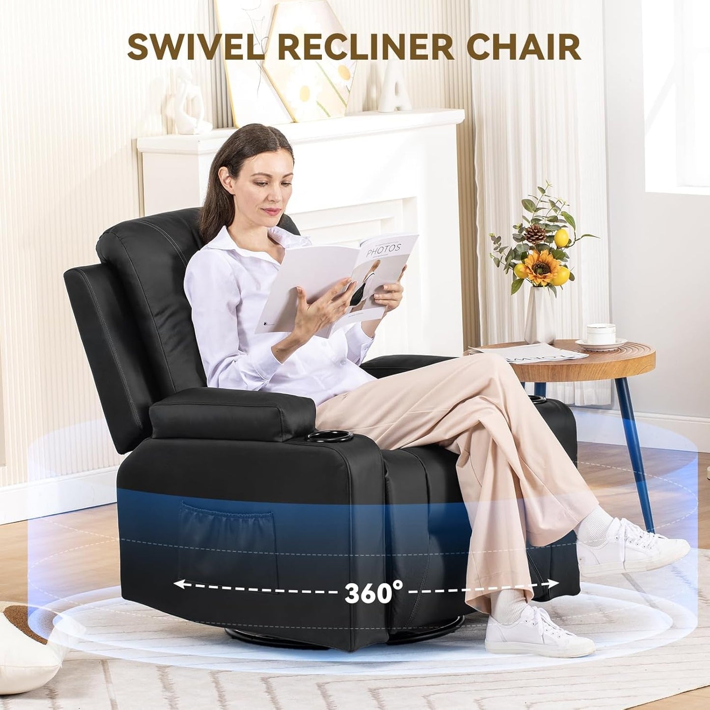 Recliner Chair, Swivel Rocker Recliners, Massage and Heat Reclining Chair, Reclining Sofa with Side Pockets, Cup Holders for Living Room, Bedroom (Black)-3