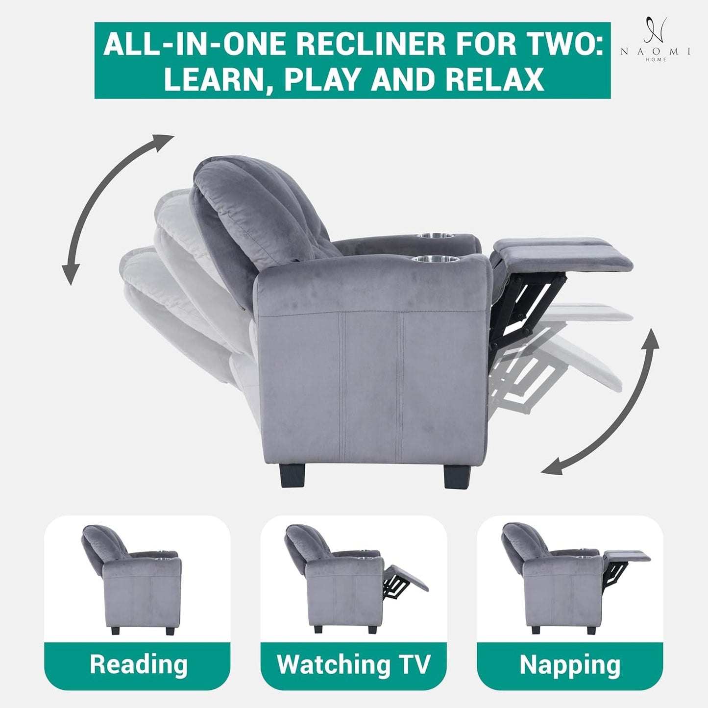 Suri Kids Recliner Loveseat – Spacious Toddler Recliner Chair Ages 3-5 with Cup Holders, Push-Back Function, and Adjustable Footrest - Gray-3