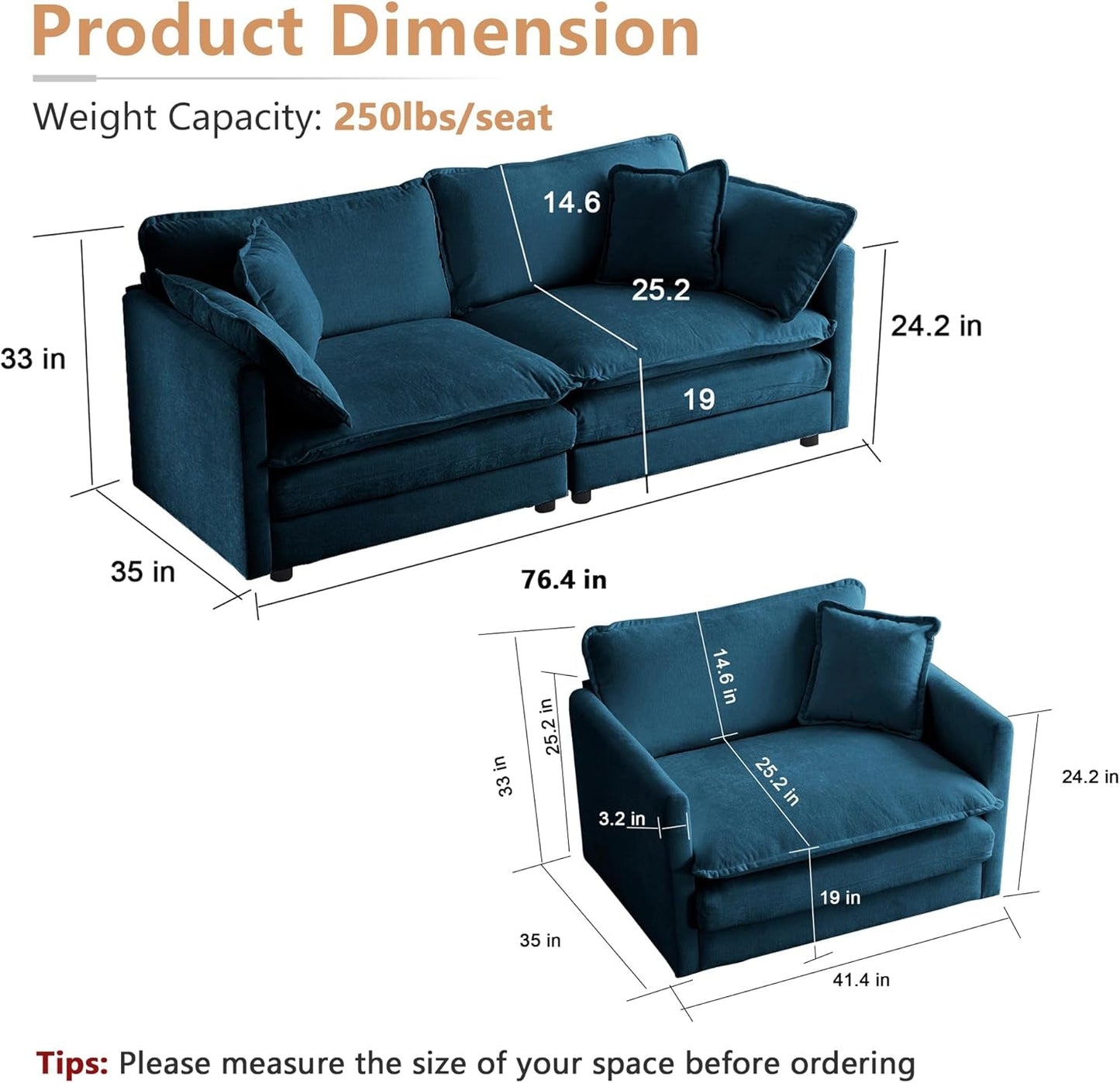 Luxury 2 Piece Loveseat Couch & Sofa Armchair Set, Modern Upholstered Chenille Cloud Couches Set Furniture with 5 Pillow for Living Room Bedroom Office Apartment, Blue-1