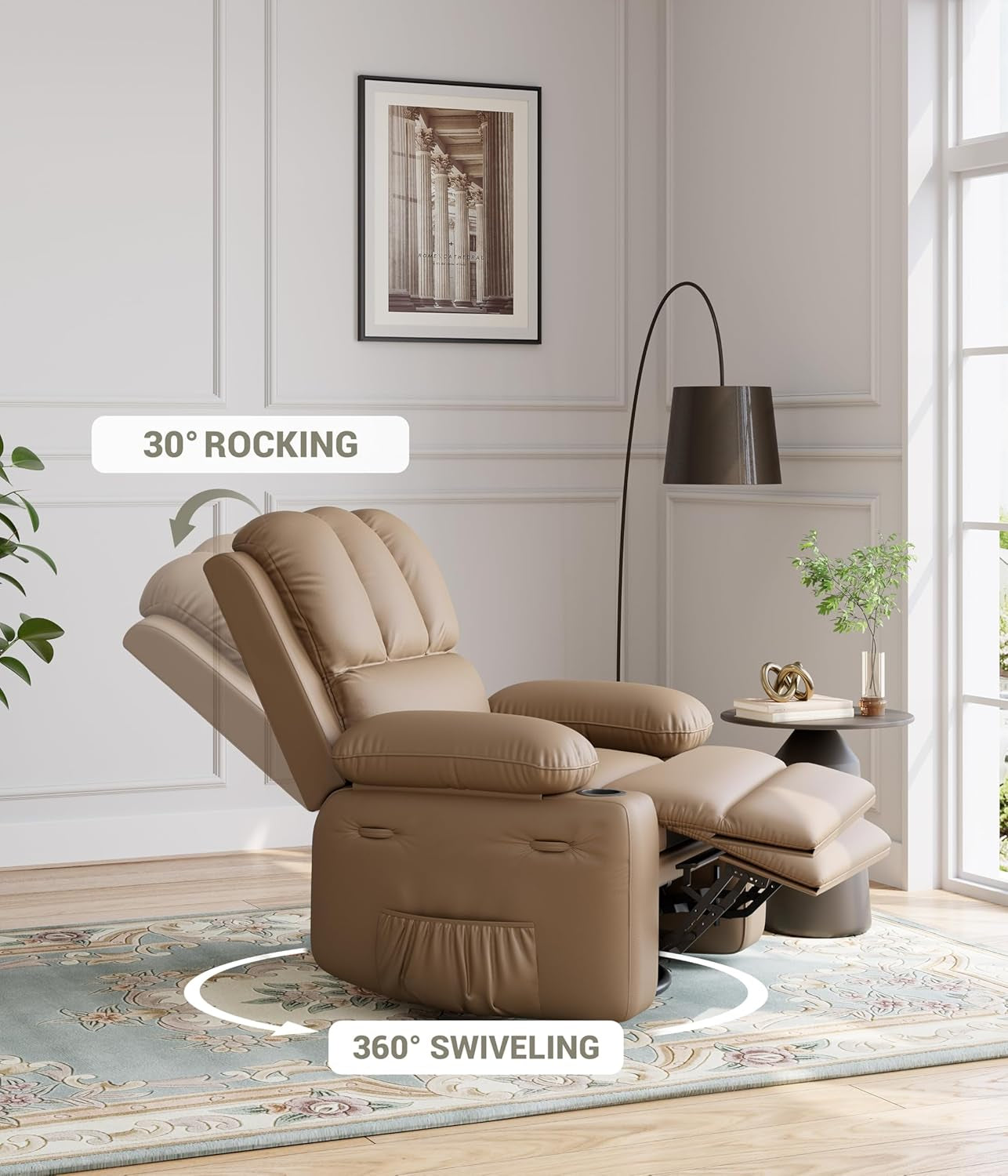 22'' Rocker Swivel Recliner Chair, Lazy Recliner for Adults, with 1.5X Sponge Filling, Side Pocket, and Cup Holder, for Living Room, Bedroom, and Nursery, Tan-3