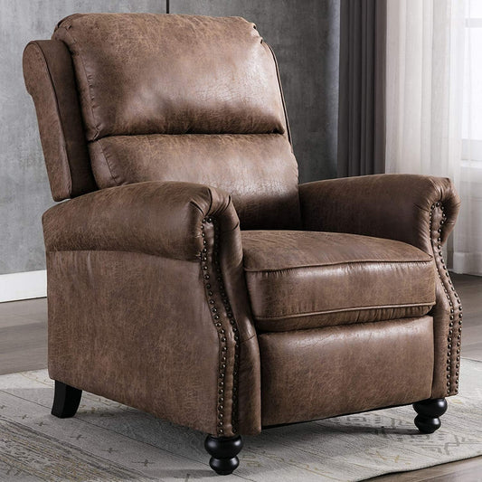 Pushback Recliner Chair, Leather, Rivet Decoration, Chocolate-0