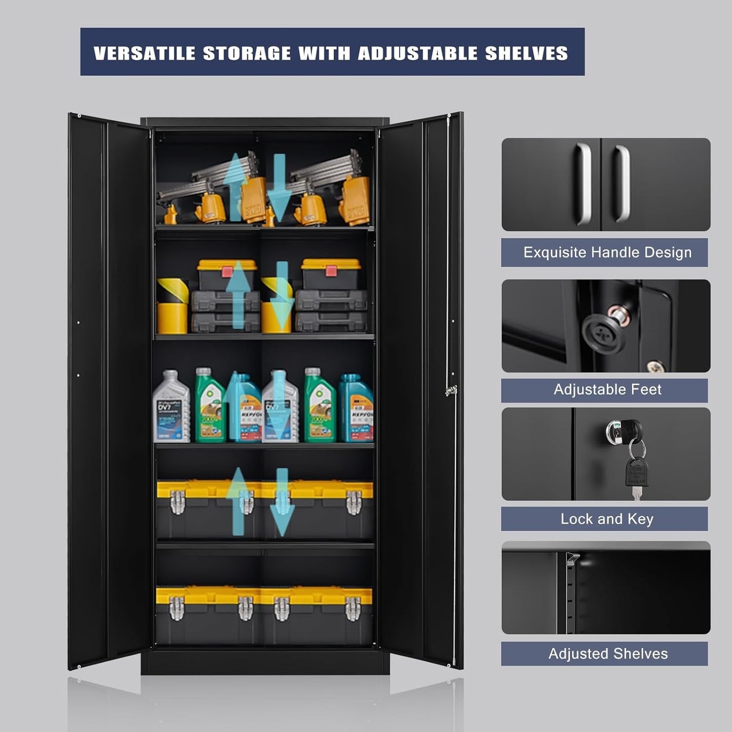 Metal Storage Cabinet with Adjustable Shelves, Garage Storage Cabinet with Doors and Shelves, File Cabinets for Home Office, Kitchen Pantry Cabinet, 71'H, Black-4