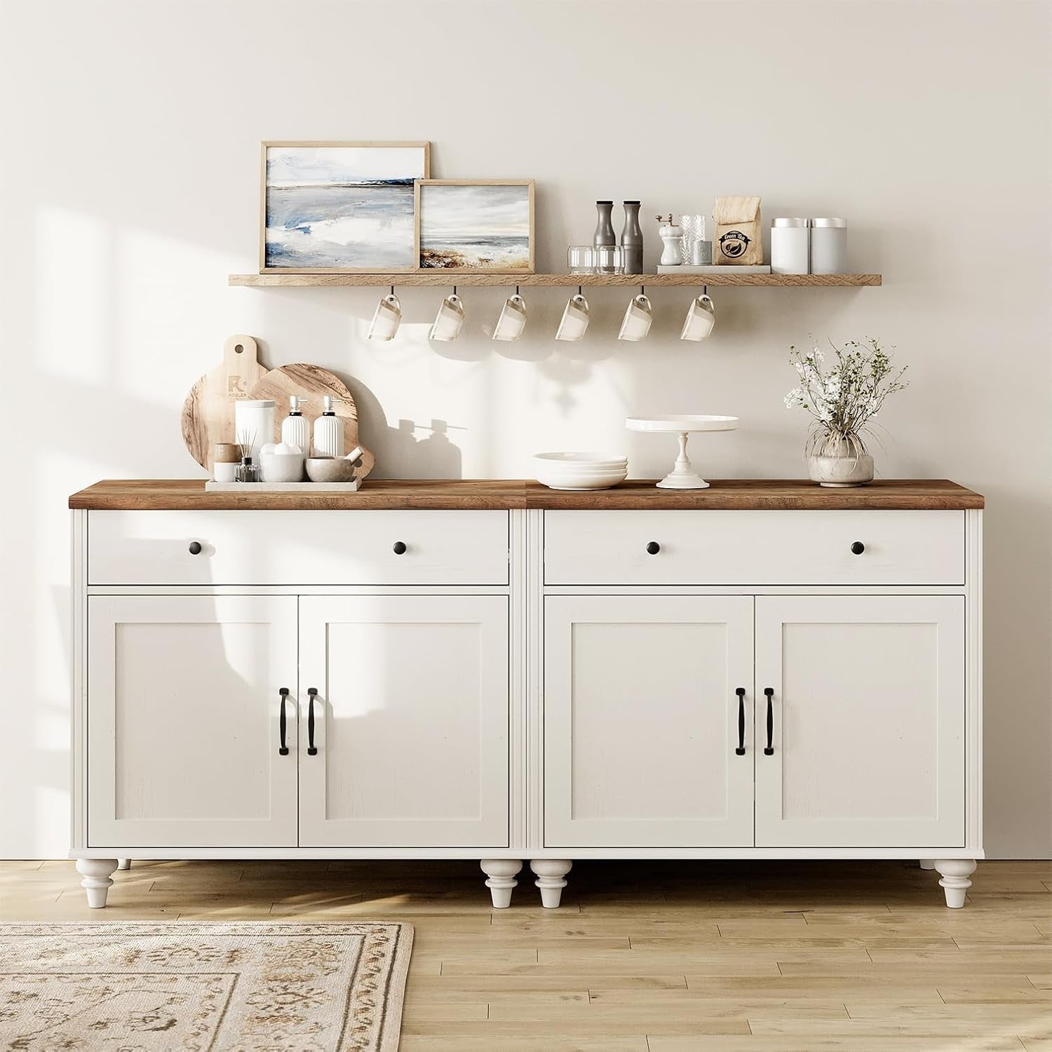 WAMAPT Buffet Cabinet with 4 Doors and 2 Drawers, Large Coffee Bar Tables Wood Kitchen Storage Cabinets with Storage Cabinets, Modern Farmhouse Sideboard Credenza for Dining Room, off White, 68 Inch-0