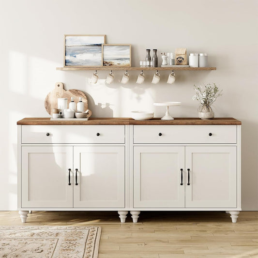 WAMAPT Buffet Cabinet with 4 Doors and 2 Drawers, Large Coffee Bar Tables Wood Kitchen Storage Cabinets with Storage Cabinets, Modern Farmhouse Sideboard Credenza for Dining Room, off White, 68 Inch-0