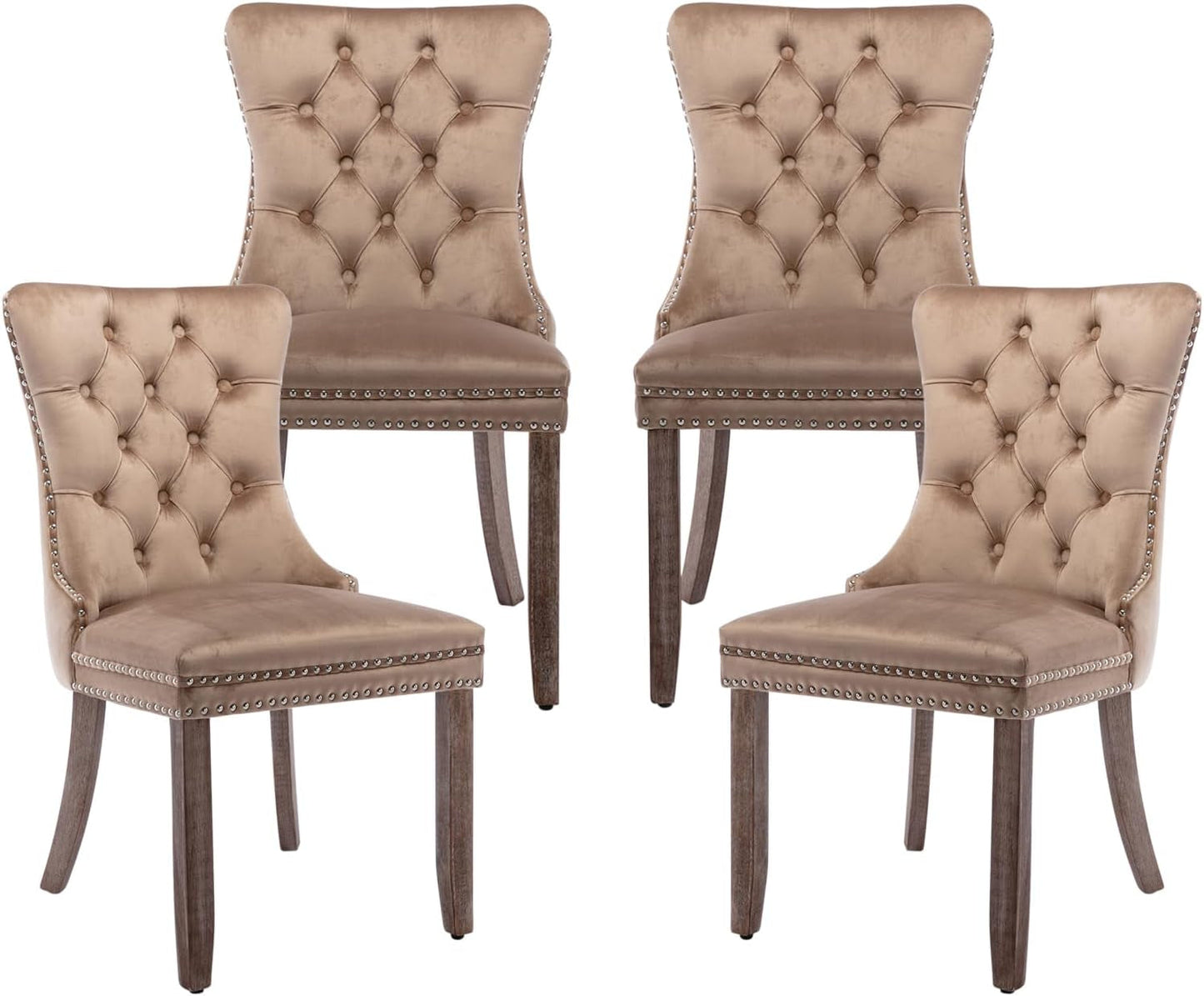 Velvet Dining Chairs Set of 4,Upholstered Dining Chairs with Ring Pull Trim and Button Back,Modern Seating for Kitchen, Bedroom & Living Room(Khaki)-0