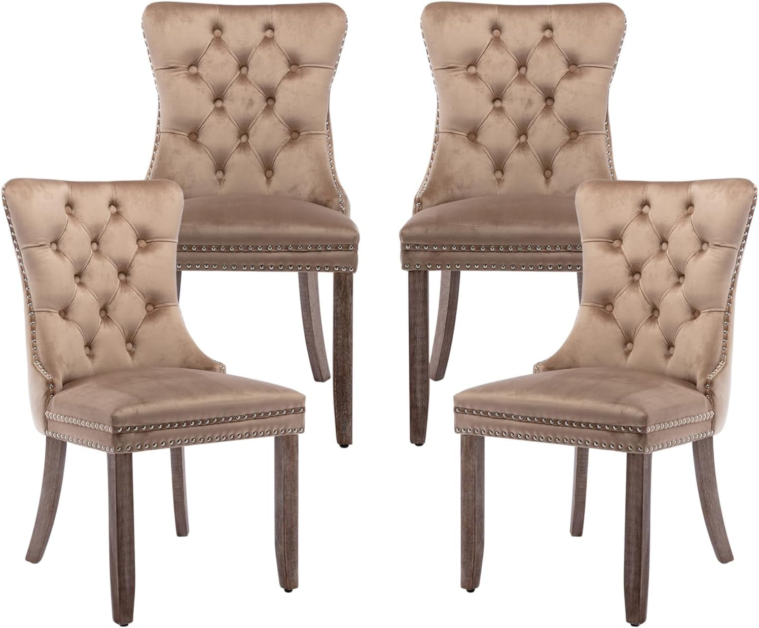 Velvet Dining Chairs Set of 4,Upholstered Dining Chairs with Ring Pull Trim and Button Back,Modern Seating for Kitchen, Bedroom & Living Room(Khaki)-0