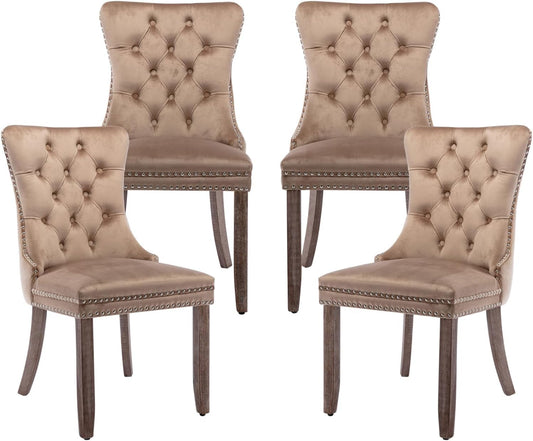 Velvet Dining Chairs Set of 4,Upholstered Dining Chairs with Ring Pull Trim and Button Back,Modern Seating for Kitchen, Bedroom & Living Room(Khaki)-0