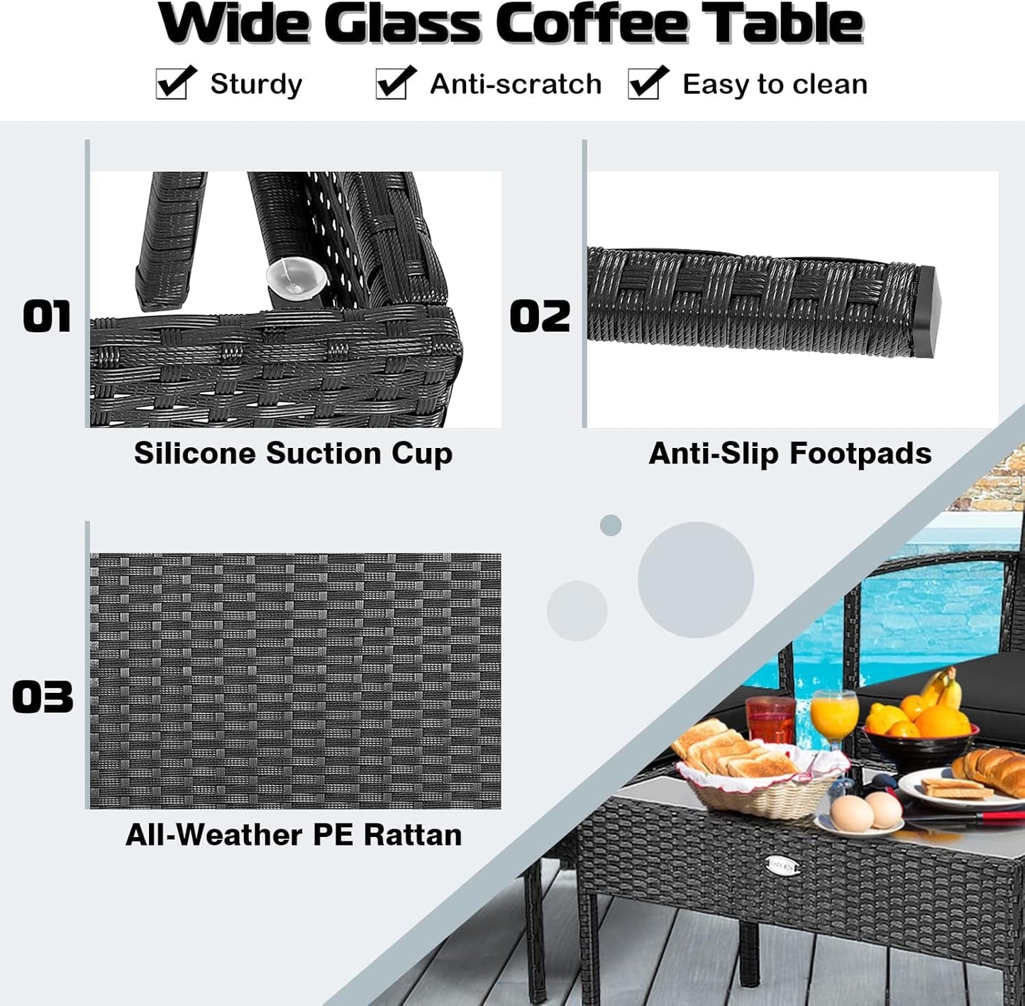 4 Piece Patio Rattan Conversation Set, Outdoor Wicker Furniture Set W/Glass Coffee Table, Solid Steel Structure, Ergonomic Seat, Suitable for Garden, Courtyard, Balcony, Poolside-4