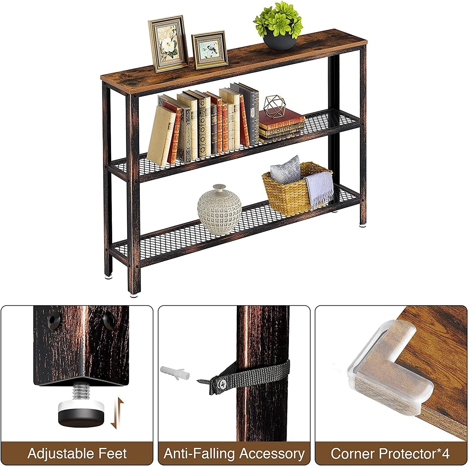 Rustic Console Table with Mesh Shelves-4