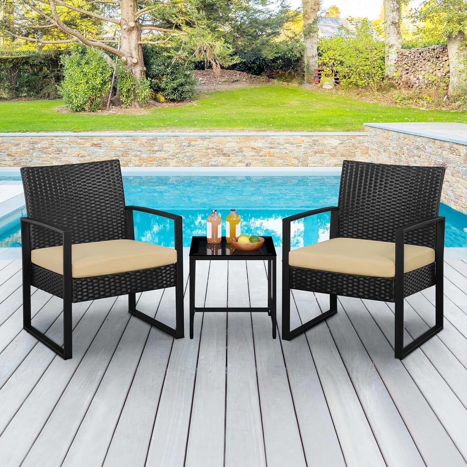 3 Pieces Rattan Bistro Set, Indoor/Outdoor Wicker Patio Modern Conversation Furniture, 2 Chairs & Tempered Glass Coffee Table for Garden, Balcony, Backyard, Poolside, Black/Khaki-2