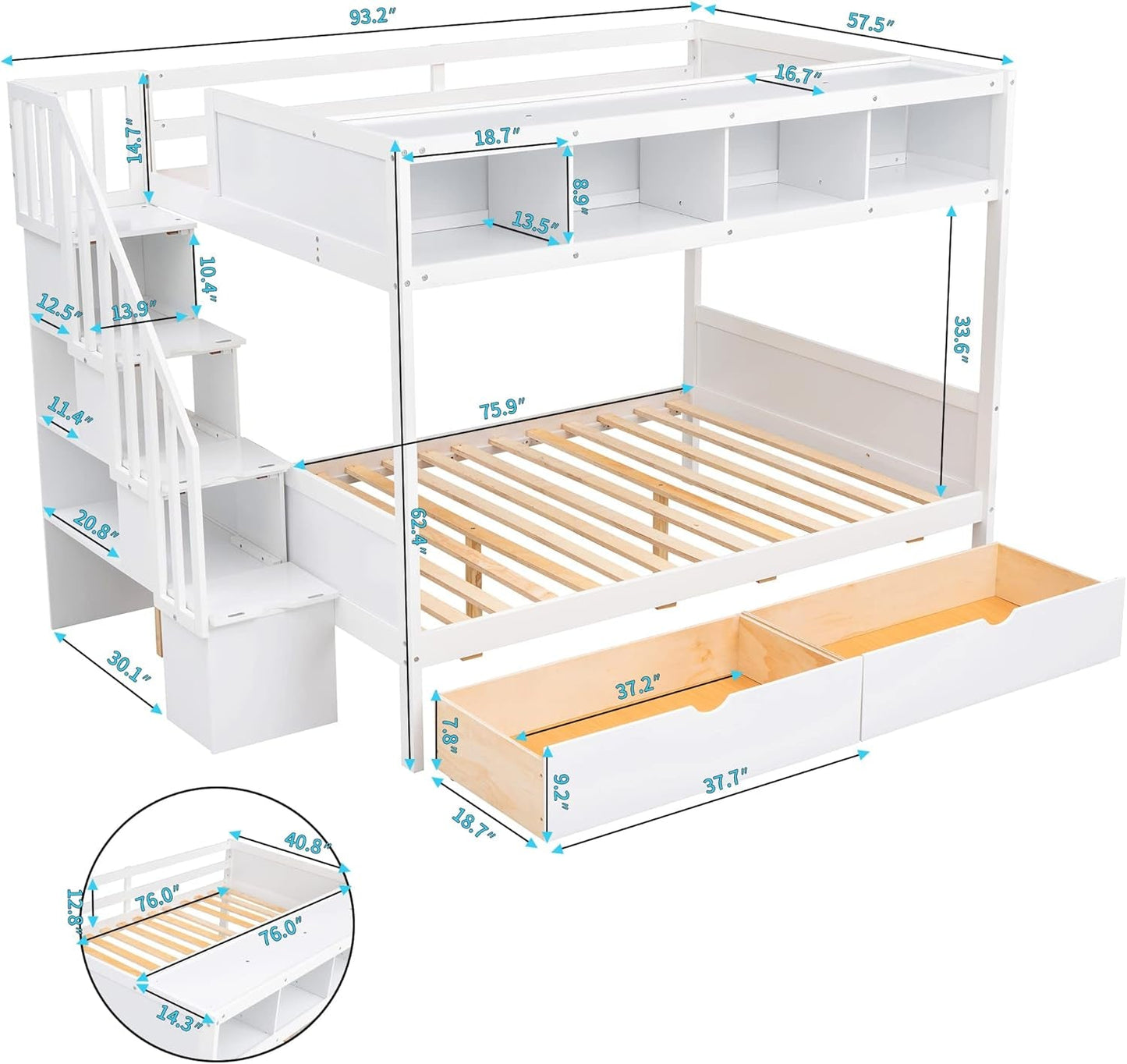 Twin over Full Bunk Bed with Storage Shelves, Stairs, Solid Wood Staiway Bunk Bed Frame with 2 Drawers, for Kids Teens Adults (White)-1