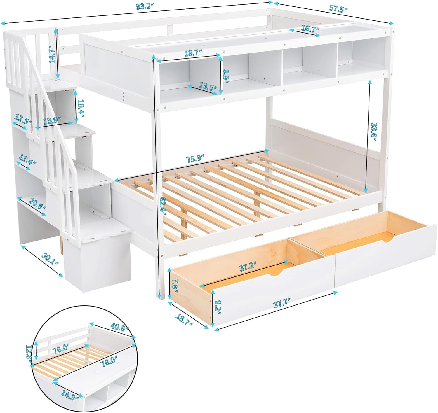 Twin over Full Bunk Bed with Storage Shelves, Stairs, Solid Wood Staiway Bunk Bed Frame with 2 Drawers, for Kids Teens Adults (White)-1