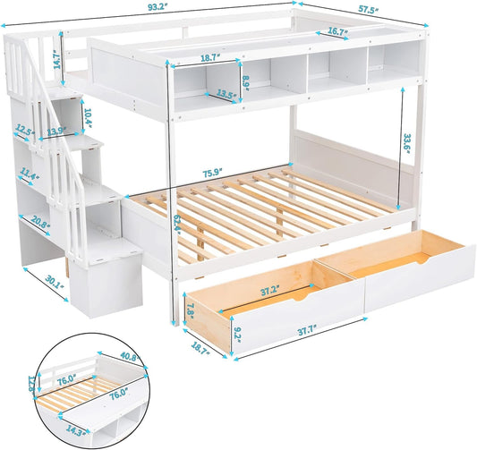 Twin over Full Bunk Bed with Storage Shelves, Stairs, Solid Wood Staiway Bunk Bed Frame with 2 Drawers, for Kids Teens Adults (White)-1