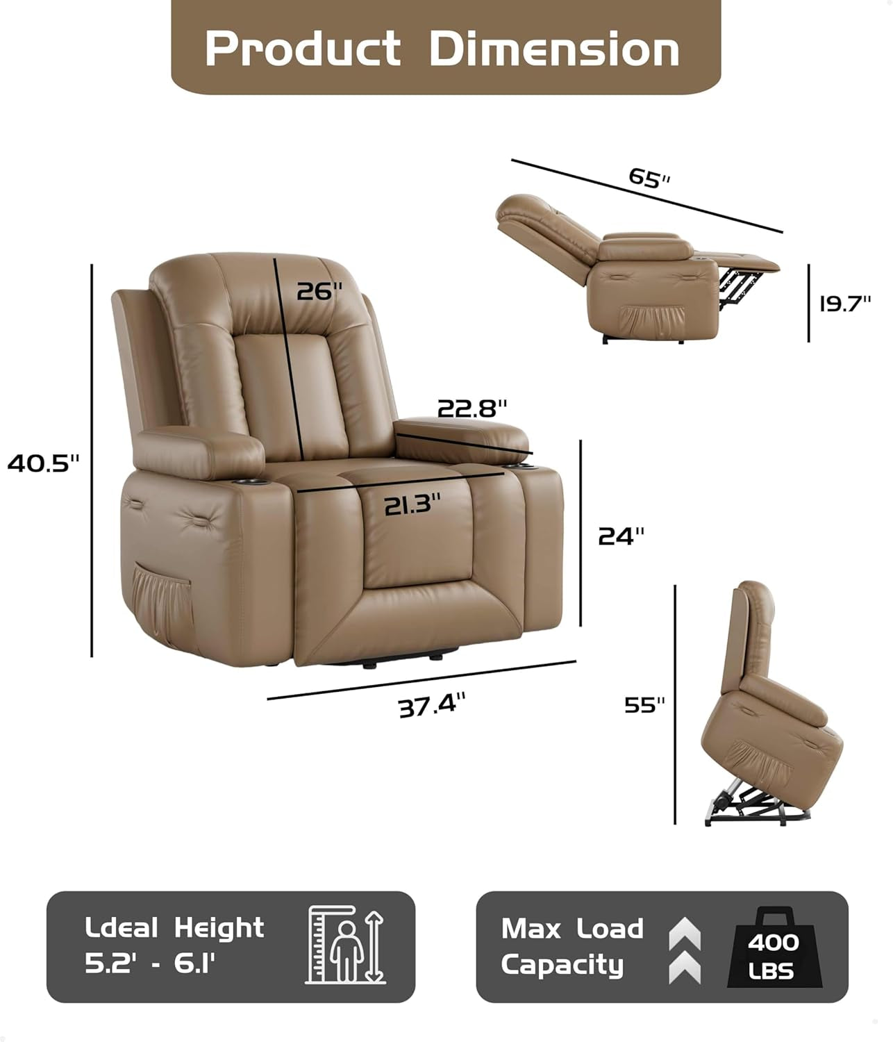 Power Lift Recliner Chair - Heat and Massage, Adjustable Back and Legs, PU Leather Electric Lift Chair Designed for the Elderly and People with Mobility Impaired-2