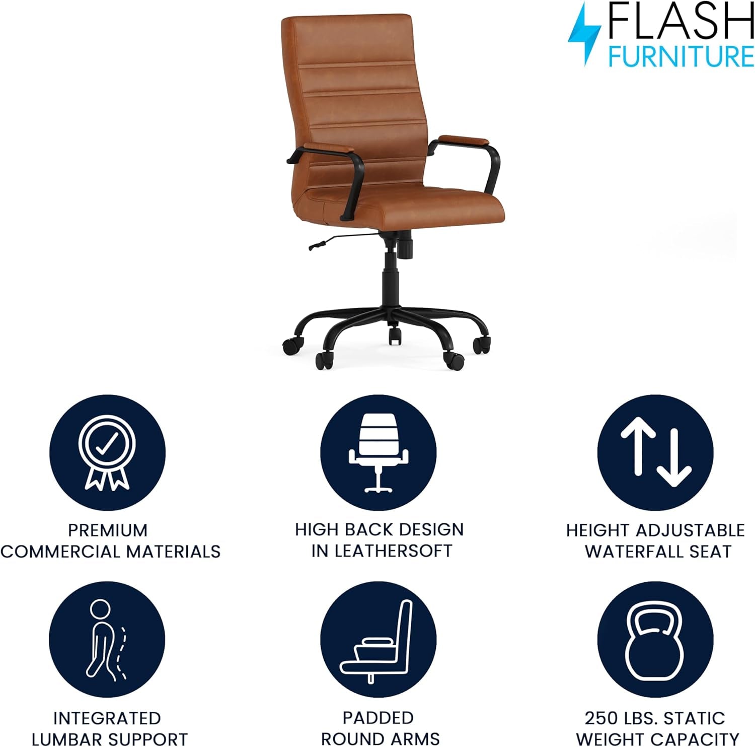 Whitney High-Back Swivel Leathersoft Desk Chair with Padded Seat and Armrests, Adjustable Height Padded Leathersoft Office Chair, Brown/Black Gold-3