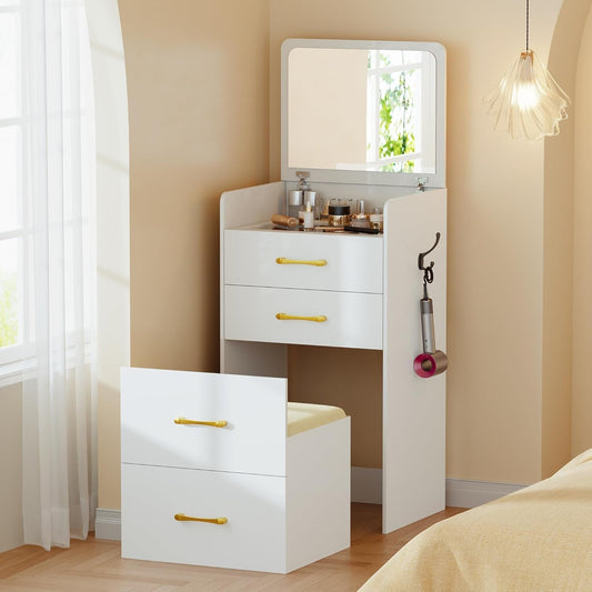 3-in-1 Flip Top Vanity Desk Makeup, Storage, Glass-0